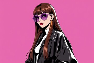 A stylish cartoon woman wearing round purple sunglasses looks chic