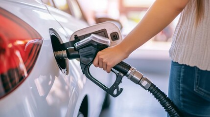 A woman filling her car at a gas station, highlighting energy use, modern transportation, and convenience with a focus on personal interaction with technology.. AI Generation