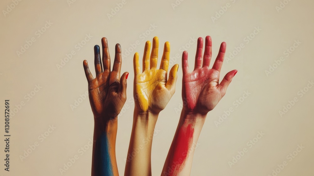 Poster three hands raised, each uniquely painted in bold colors, representing unity, creativity, and indivi