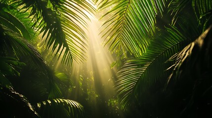 Obraz premium Sunlight Beams Through Lush Green Tropical Jungle