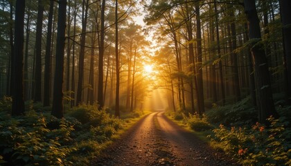 Fototapeta premium Sunlit pathway through serene forest nature scenery landscape photography tranquil environment captivating viewpoint