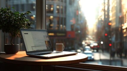 A cozy workspace in the cafe featuring a laptop and a cup of coffee on the table