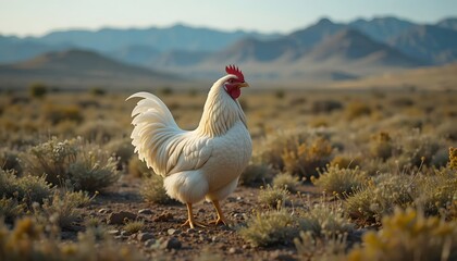 Fototapeta premium White Rooster Strutting Through Arid Field with Distant Mountains at Sunrise