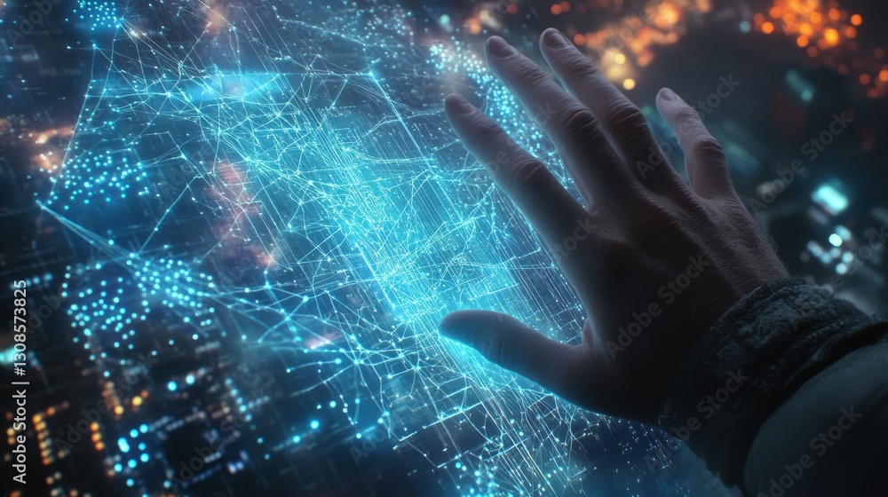 Poster a futuristic depiction of a hand engaging with a glowing digital interface, representing technology,