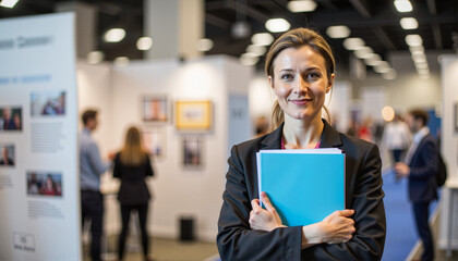 Confident woman holding blue folder smiling at conference exhibition for blogs, websites, business presentations, professional networking, event promotions, and corporate communications