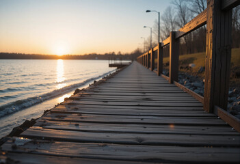 Obraz premium A wooden pier with a dock and a walkway leading to the water