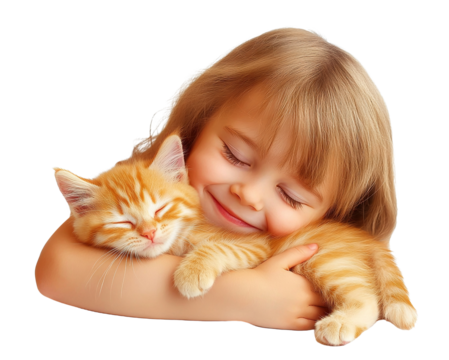 Happy girl hugging cute kitten, isolated on transparent cutout background