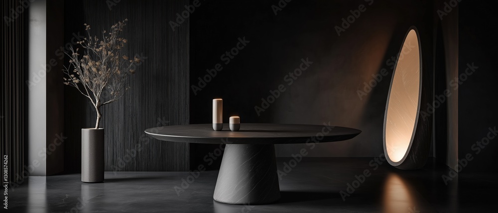 Poster modern dining room with a round wooden table in the center. the table has a unique design with a bla