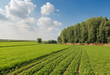 A field of green grass with a few trees in the background
