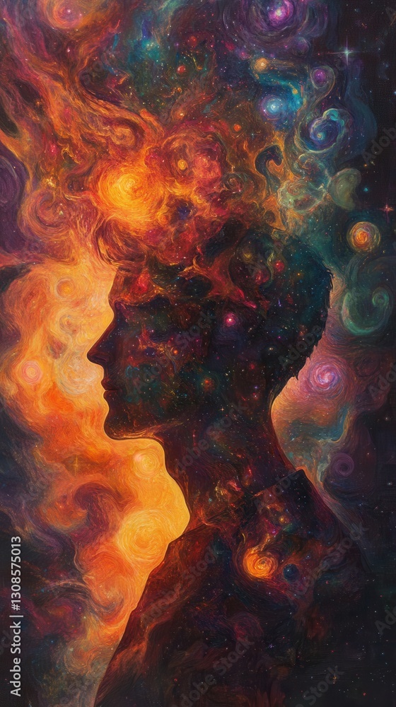 Aufkleber mysterious profile of a man glowing with cosmic energy and vibrant colors in an artistic representat
