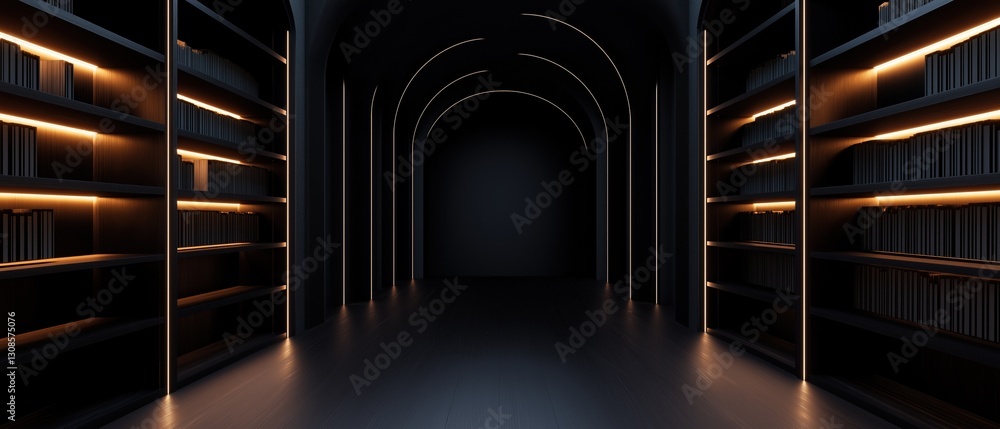 Aufkleber long, narrow corridor with a dark archway in the center. the corridor is lined with rows of bookshel