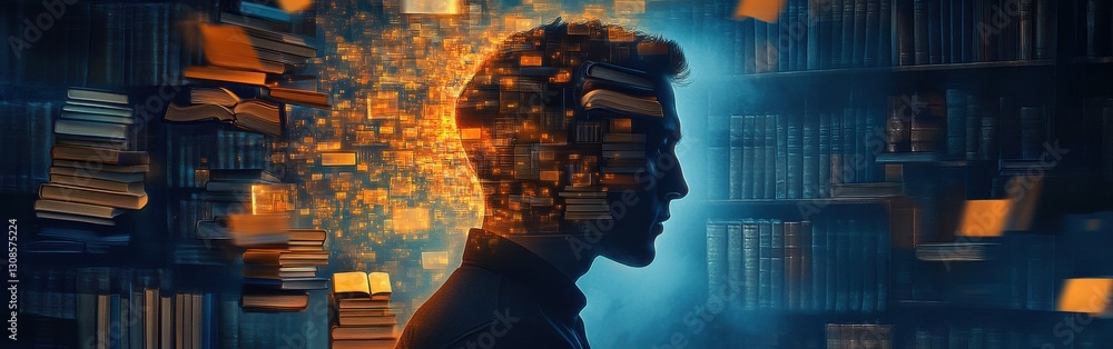 Poster Mystical profile of a man with books and glowing fragments in a dark library setting