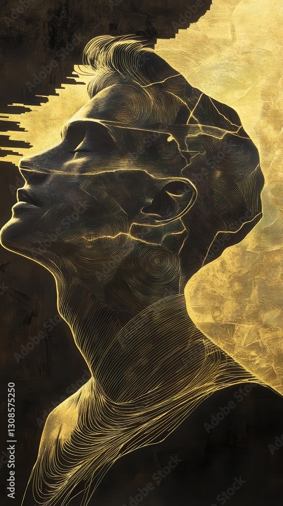 Poster Mystical silhouette of a man with intricate golden lines creating a surreal artistic profile