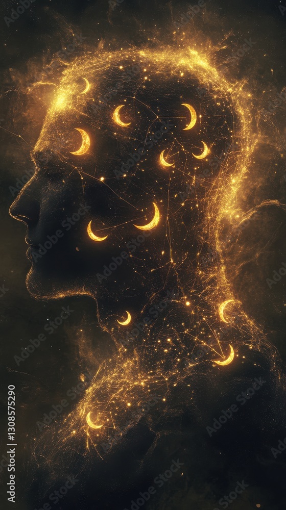 Poster mystical profile of a man filled with glowing patterns and crescent moons amidst a starry background