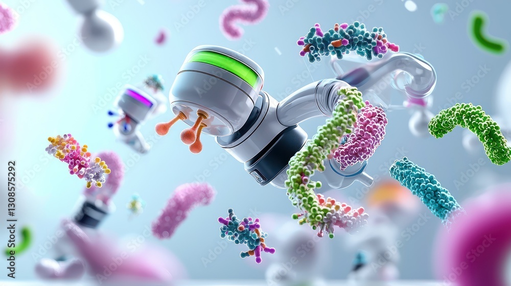 Poster microscopic world: a stylized representation of microscopic elements, with various colorful forms an