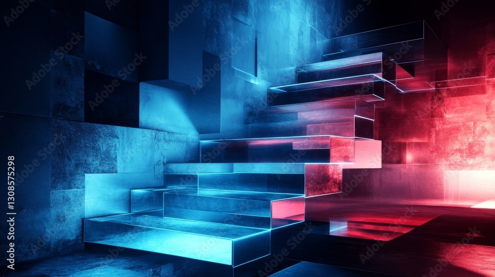 Poster A surreal floating staircase illuminated by red and blue neon light creates a dynamic composition, blending futuristic aesthetics with abstract, otherworldly design.. AI Generation