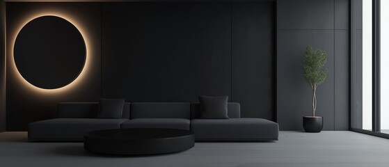 Modern living room with a minimalist design. the walls are painted black and the floor is made of concrete. on the left side of the room, there is a large circular light fixture hanging on the wall.