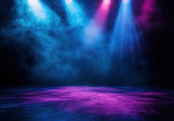 Obraz premium Dramatic Scene with Colorful Stage Lights and Smoke for Theatrical Performance or Concert Setting in Vibrant Blue and Purple Tones