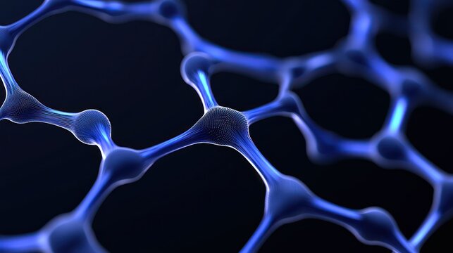 Molecular Network: A close-up view of a intricate blue molecular network, with interconnected nodes and bonds, against a dark background. 