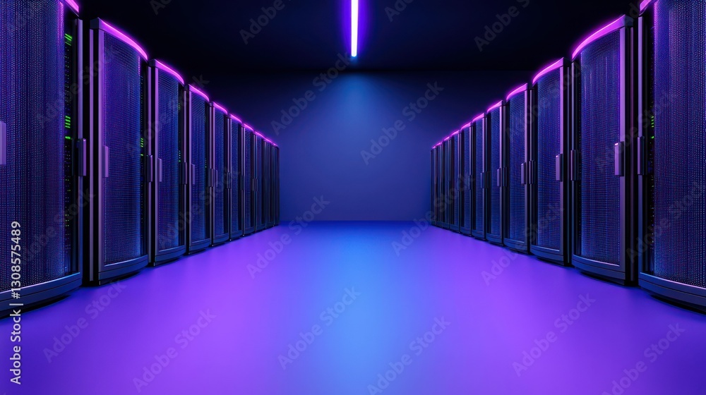 Poster cyber hub: data servers line a digital corridor bathed in neon light, epitomizing technological adva