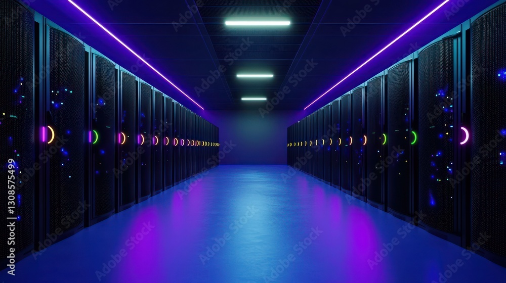 Poster server room: an abstract digital rendition of a server room. a symmetrical, futuristic corridor is l