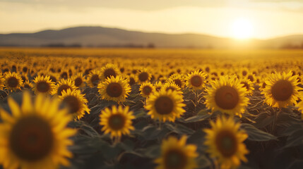 Fototapeta premium Sunflower field sunrise wallpaper nature background landscape view closeup details vibrant yellow blooms