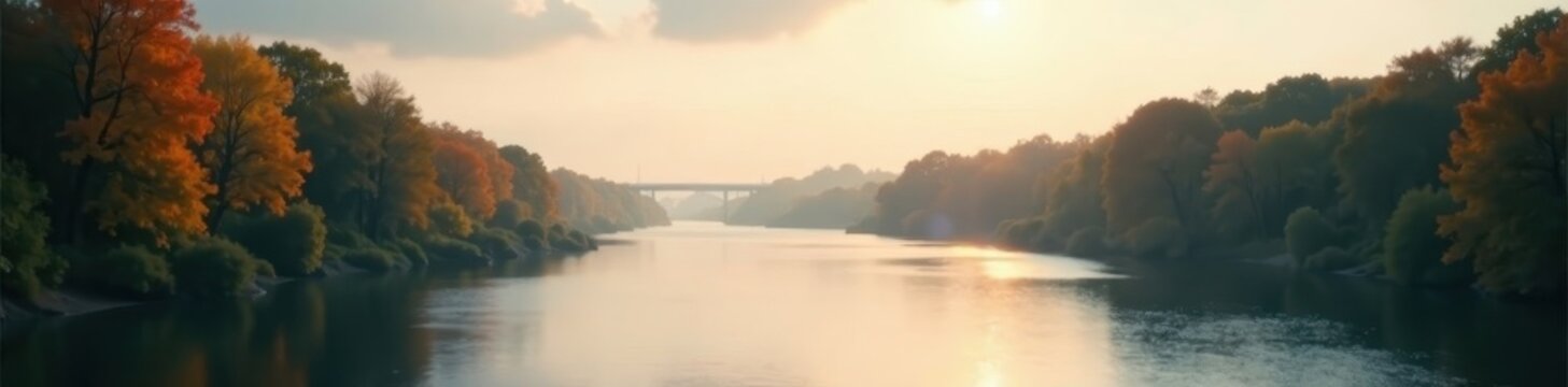 Crisp skyline, soft-focus river, dramatic depth of field, city, view
