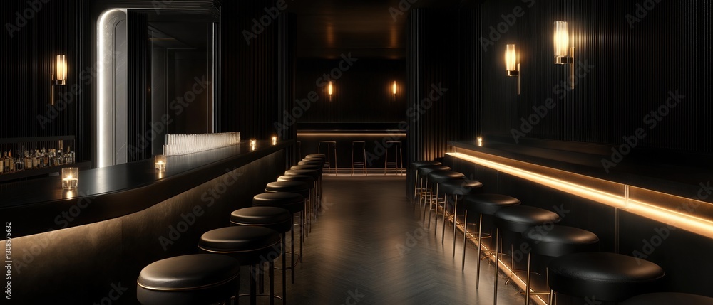 Poster modern and luxurious bar with a long, narrow bar counter on the left side of the image. the counter 