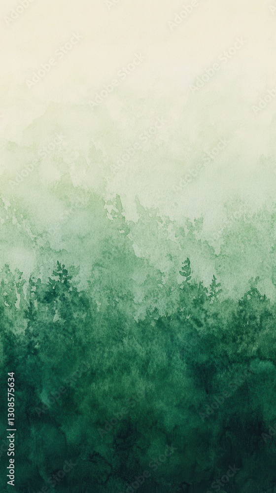 Poster moody watercolor gradient transitioning from soft greens to deep forest hues in a serene, atmospheri