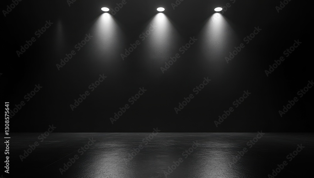 Poster dramatic stage lighting with three spotlights illuminating empty black space for performance or pres