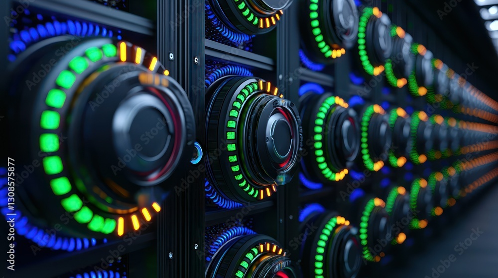 Poster digital fortress: a futuristic data center's server racks, adorned with blinking lights and advanced