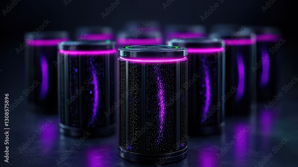 Poster tech-forward power: a captivating array of advanced batteries, glowing with an enigmatic purple hue,