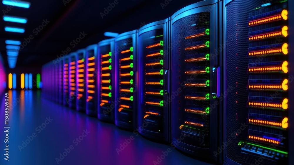 Poster server room power: a cutting-edge server room bathed in vibrant neon light, illustrating the power a