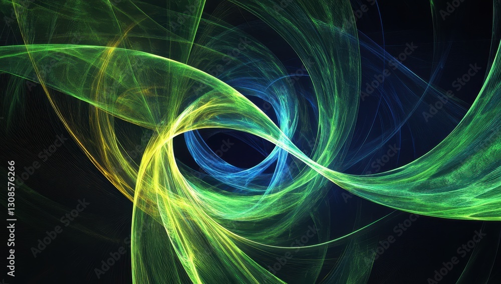 Poster dynamic abstract swirls of green and blue light creating ethereal patterns on a dark background for 