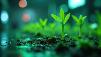 Green shoots emerging from futuristic lab equipment, plant, development, investment
