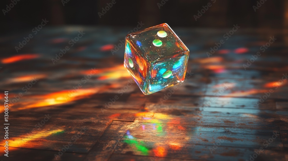 Poster a radiant translucent dice resting on a reflective wooden surface, casting colorful light and shadow