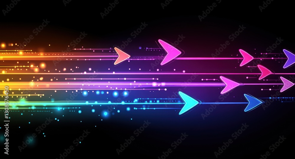 Poster dynamic colorful arrows in motion with light trails in a dark background for creative design and mod
