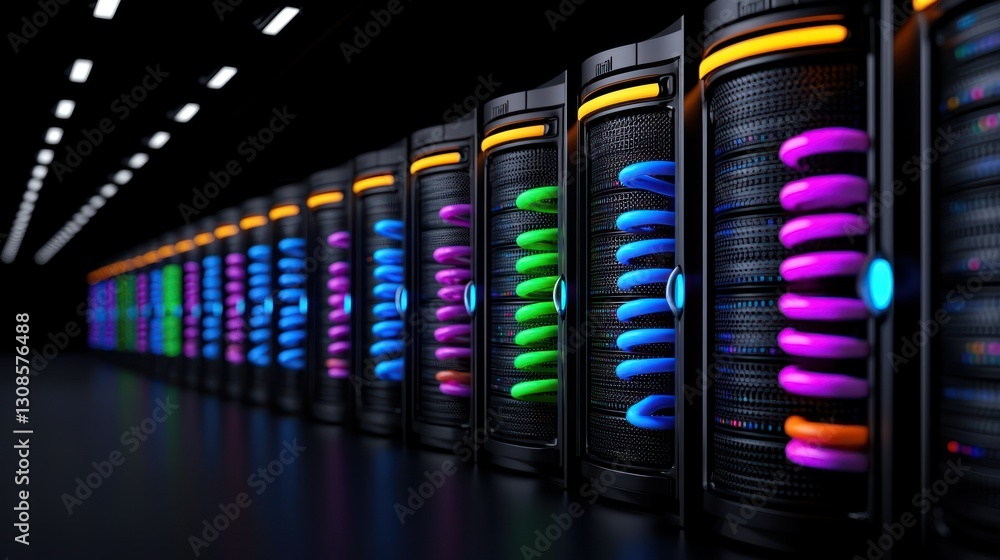 Poster neon servers: a vibrant row of servers glows with neon-colored coils in a dark server room, symboliz