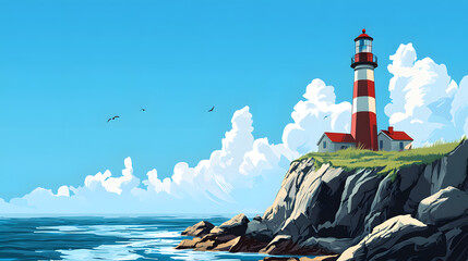 Isolated lighthouse on rugged coastline background wallpaper coastal landscape bright daylight serene viewpoint