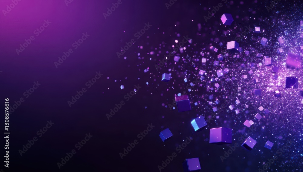 Aufkleber dynamic explosion of colorful cubes with sparkles in vibrant purple and blue tones against a dark ba