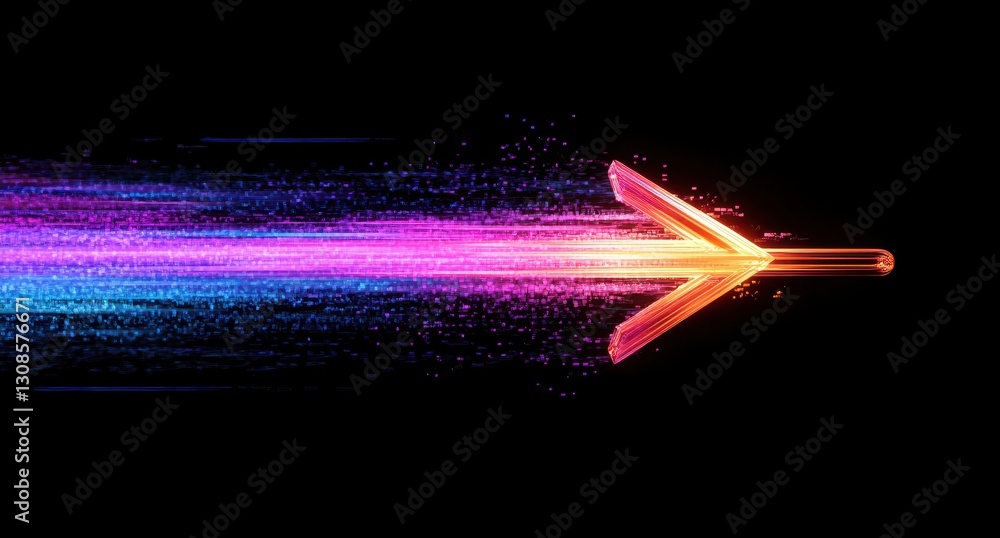 Poster dynamic neon arrow moving forward with colorful motion blur effect against a dark background for cre