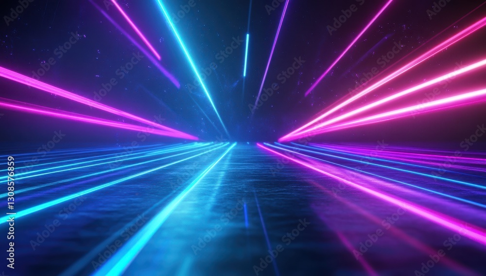 Poster dynamic neon laser beams creating vibrant light trails in dark space with reflective floor surface a