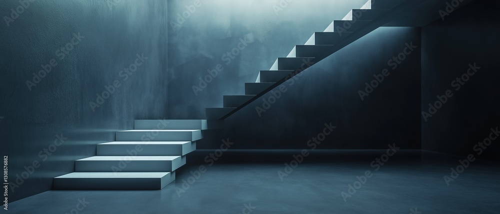 Poster set of stairs in an empty room with dark blue walls and floor. the stairs are made of concrete and a