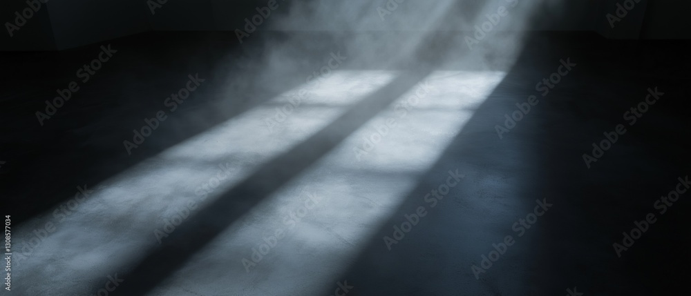 Poster black and white photograph of a long, straight line of light shining through a dark room. the light 