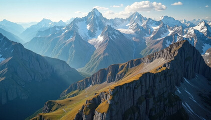 Trekker scales dramatic alpine ridge seeking higher peaks, peaks promising breathtaking challenges for thrill seekers, peaks delivering compelling visuals for epic storytelling content.