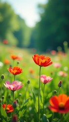 Obraz premium Vibrant wildflowers in lush meadow, sunny day, leaf, summer