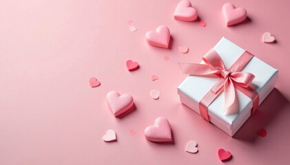 White gifts, scattered hearts, soft background, romantic mood , minimal, design, stock photography