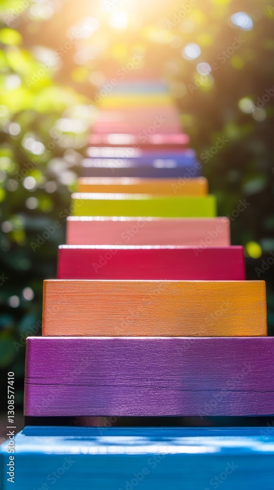 Poster Colorful wooden blocks arranged in a geometric pattern with warm sunlight creating a gradient effect. The alignment and vibrant colors evoke a modern, creative atmosphere, suitable for backgrounds and