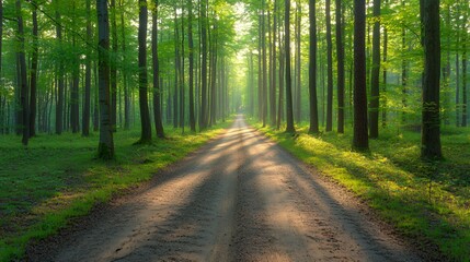 Obraz premium Sunlit Forest Path: A Dirt Road Through Lush Green Trees