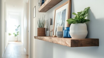 Stylish hallway with narrow floating shelves showcasing plants, candles, and framed artwork in a modern home setting